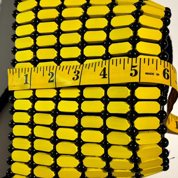 Kenyan Handmade Wooden Bead Mini Bucket Bag, Yellow+Black, Rufina Designs - Picture 9 of 9